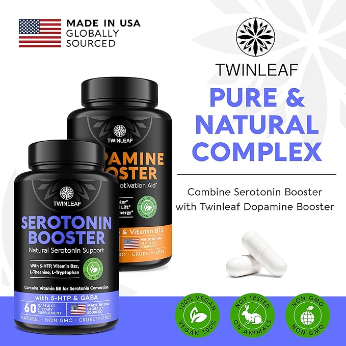 TWINLEAF Serotonin &amp Dopamine Support Bundle - 5HTP Vitamin B6 B12 GABA L-Tyrosine &amp L-Theanine for Mood &amp Mental Well-Being - 60 Capsules Each - Made in USA