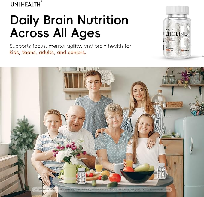 UniHealth® Choline 500 mg with VitaCholine® 60-Day Supply Liquid Vegan Capsules for Prenatal Choline Supplement Brain Health Cognitive Performance &amp Liver Support Non-GMO Gluten-Free USA Ma