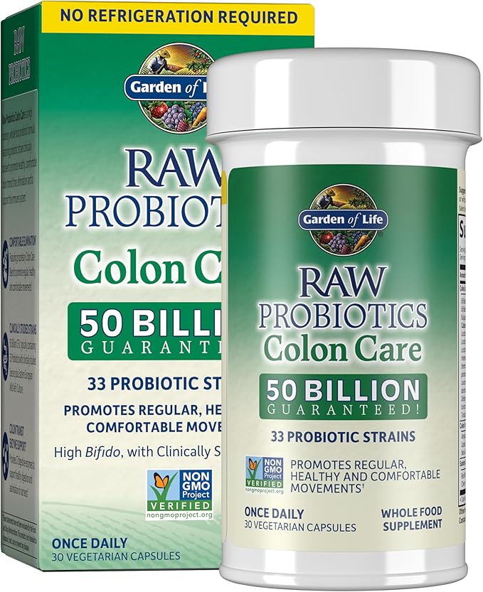 Garden of Life Probiotics for Women and Men - Raw Probiotics Colon Care 50 Billion CFU and Enzymes Shelf Stable Once Daily Acidophilus Probiotic for Regularity and Immune Health Support 30 Capsules