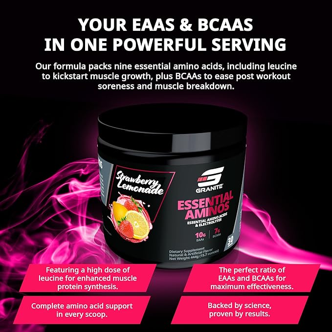 Granite Essential Amino Acids Powder for Muscle Recovery and Growth with 10g EAAs and 7g BCAAs - Soy-Free Gluten-Free 448g (30 Servings) Strawberry Lemonade