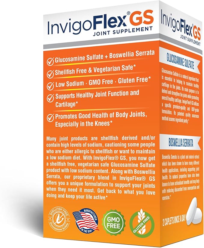 INVIGOFLEX® GS - Glucosamine Sulfate (Shellfish Free Sodium Free &amp Vegetarian Safe) Non GMO Gluten Free - with Boswellia Serrata - Knees Hands Back and Hip Premium Joint Supplement