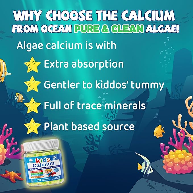 Kids Calcium Gummies + Vitamin D3 K2 Magnesium Zinc Extra Absorption Algae Calcium Supplement For Kids Gentle to Stomach Bone Teeth Muscle Brain Sugar Free Chewable Kids Vitamins 4+ 60 Counts