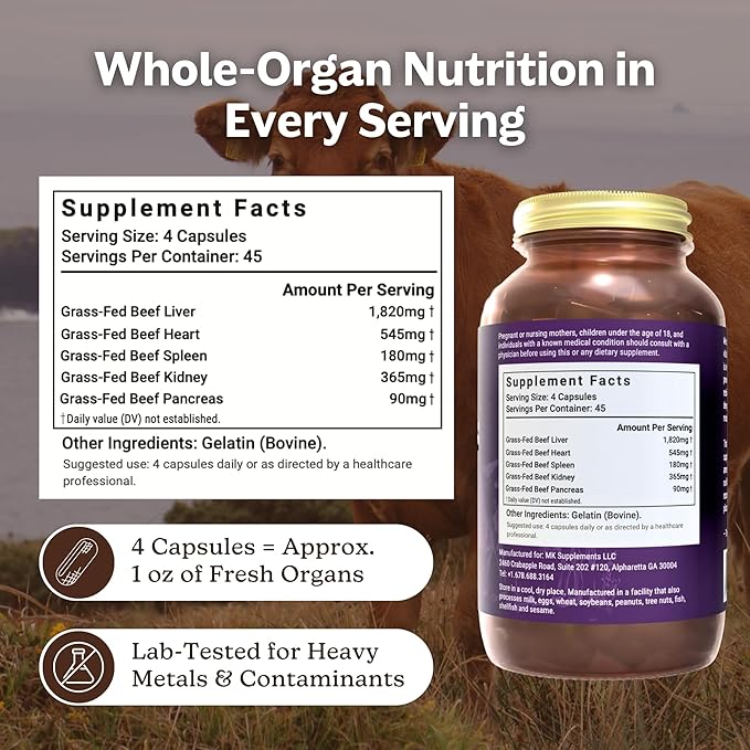 MK Supplements Grass-Fed Beef Organs Capsules | 5 Organs in Nature-Identical Ratios | B12 Copper &amp Heme Iron | Regeneratively Raised | 150 Capsules