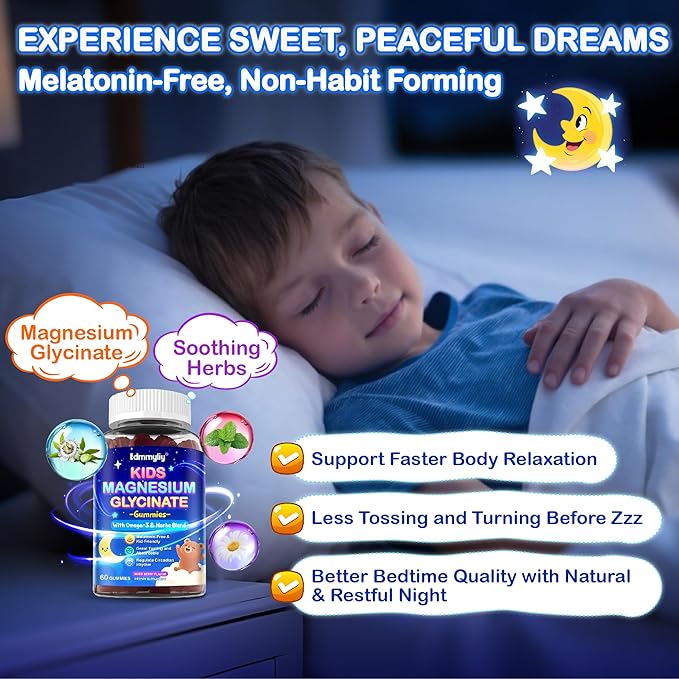 Kids Magnesium Glycinate Gummies - Magnesium Glycinate Supplement 200mg with L-theanine Omega-3 Calcium Vitamin D3 &amp B12 for Kids Natural Zzz at Bedtime &amp Overall Health - Sugar Free &amp Non