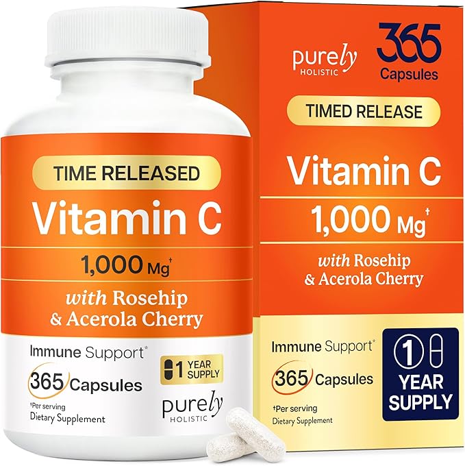 Purely Holistic Vitamin C 1000mg 365 Capsules 12 Month Supply 2 Stage Timed Release with Ascorbic Acid Rosehip &amp Acerola Cherry Bioflavonoid Immune System Support Vegan