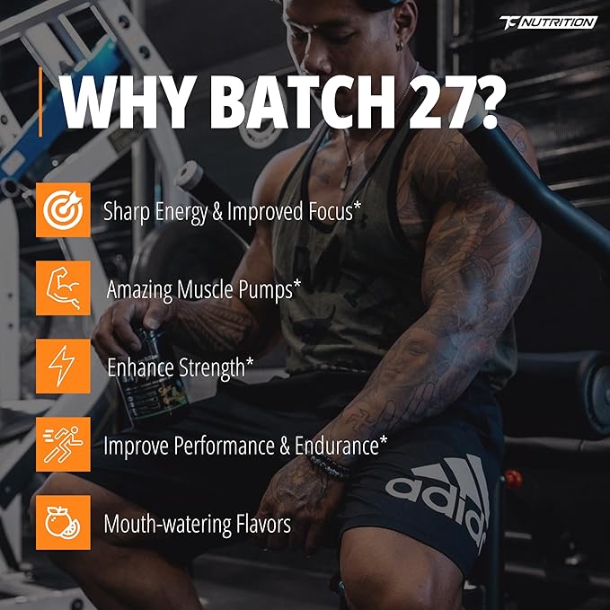 TC Nutrition Batch 27 Pre Workout Powder - 8g Citrulline 3.5g Beta Alanine 2.5g Betaine 325mg Caffeine | Instant Energy Focus Pumps &amp Strength | Nitric Oxide Booster 20 sv (Orange Cream)