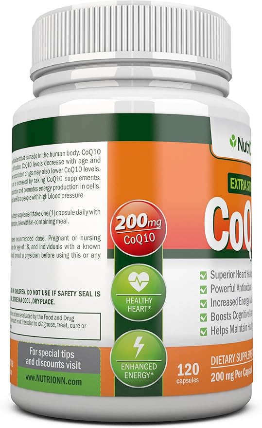 NutriONN CoQ10 200mg (Double Strength) 120 Capsules - High Absorption Coenzyme Q10 - Scientifically Proven Extra Strength CoQ10 Ubiquinone - 4 Month Supply