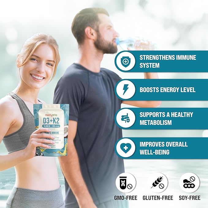 MERRY VITA Vitamin D3 K2 300 Softgels – 10000 IU &amp 200 MCG K2 MK7 – Plant-Based Vegan Non-GMO Gluten-Free – Coconut Oil – Immune Bone &amp Muscle Support – D3 con K2 vitamina Supplement