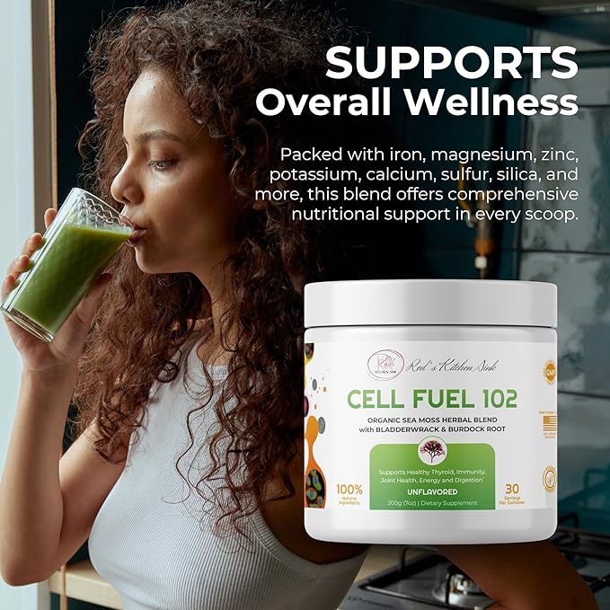 Red's Kitchen Sink Cell Fuel 102 – Organic Sea Moss Powder with Bladderwrack &amp Burdock Root | Dr. Sebi Inspired Herbal Blend | Vegan Natural 30 Servings (7oz)