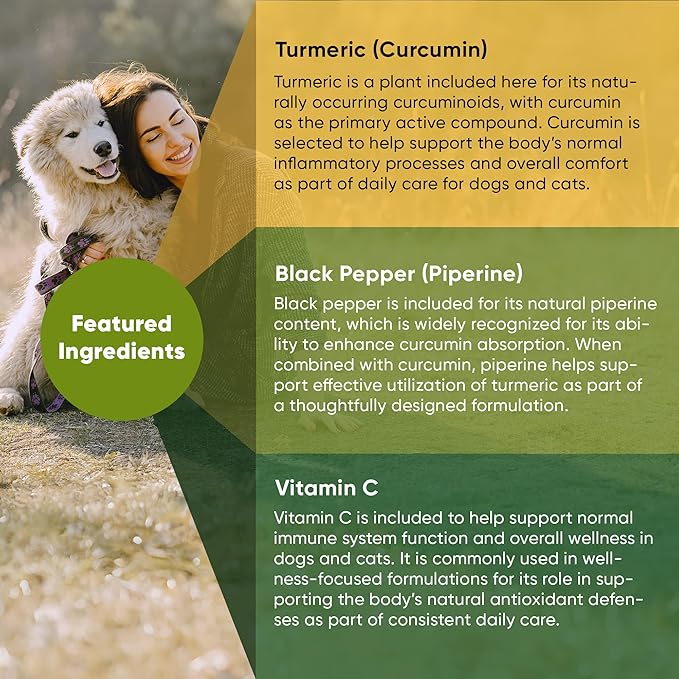 Rooted Owl Turmeric - Turmeric Supplement for Dogs and Cats - with Curcumin Piperine and Vitamin C for Anti-Inflammatory Relief - 60/ct
