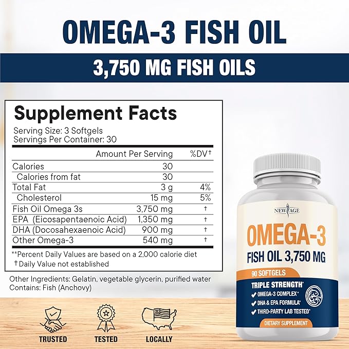 Triple Strength Omega 3 Fish Oil 3750 mg - EPA &amp DHA - Over 3000mg Omega-3 Fatty Acids - 1350mg EPA + 900mg DHA - Best Essential Fatty Acids Burpless Fish Oil - 180 Count