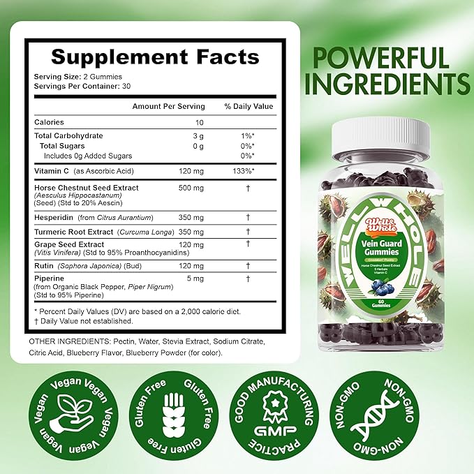 Well&ampWhole L-Lysine Gummies 1000mg - L-Lysine Supplements for Kids and Adults Horse Chestnut Extract Circulation Supplements for Legs Vein* Support Gummies