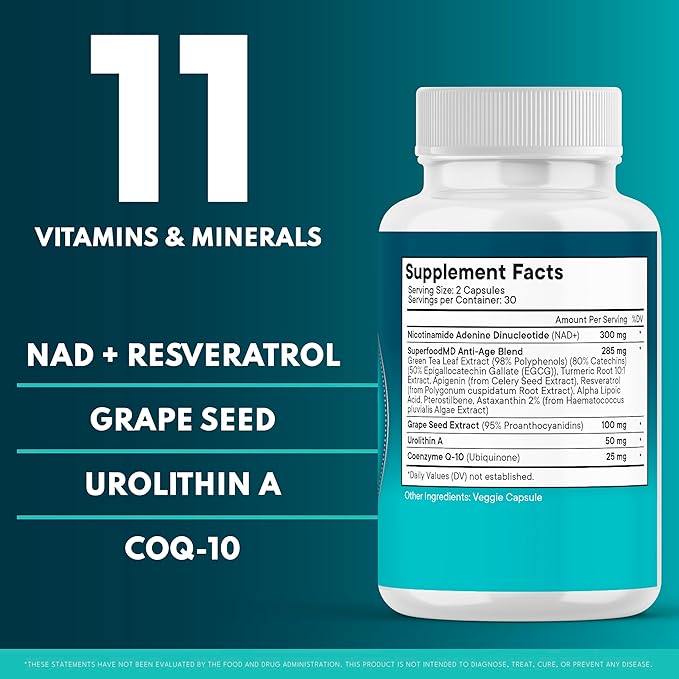 NAD+ Supplement - Liposomal + Resveratrol for Women &amp Men Astaxanthin CoQ10 Alpha Lipoic Acid Green Tea Urolithin - 180 Capsules
