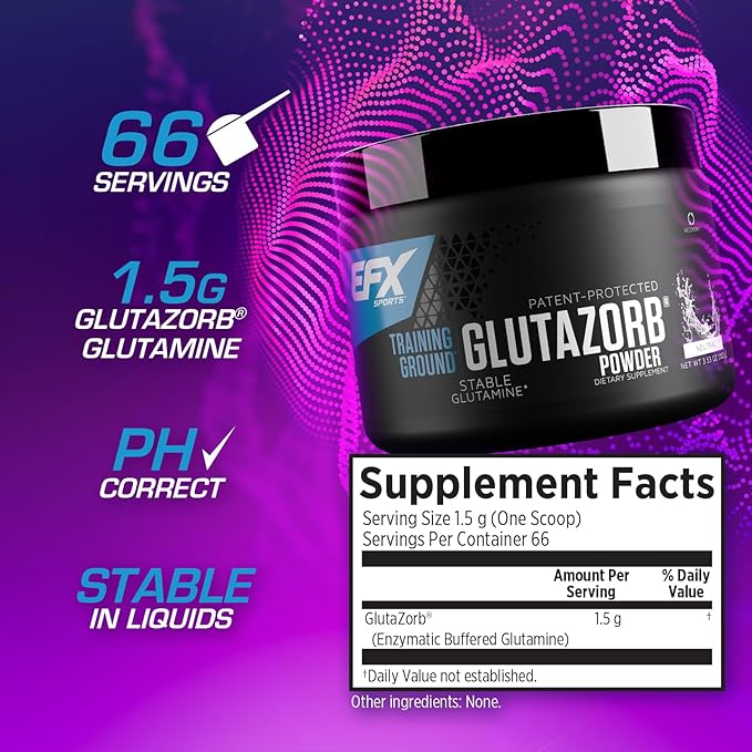 EFX Sports Training Ground Glutazorb Powder | Highly Concentrated pH Correct Glutamine Supplement | Digestion &amp Immune Support | 66 Servings (Unflavored)