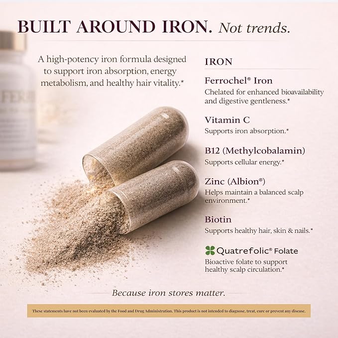 Iron Supplement for Hair Growth – Ferrochel® 100mg Iron Zinc Biotin &amp Vitamin C – Ferritin &amp Hair Loss Support for Women – Vegan – 30 Capsules