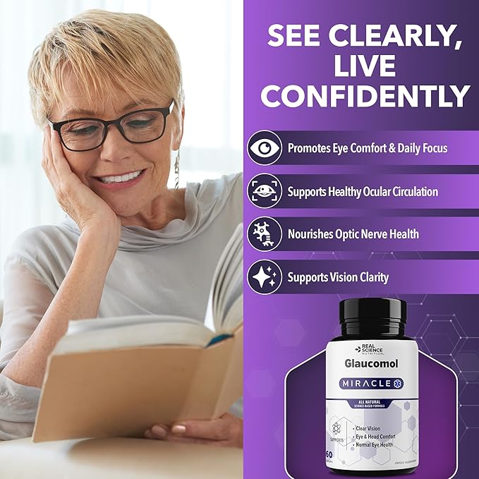 Real Science Glaucomol Miracle - Natural Eye Vitamins &amp Eye Supplements for Optic Nerve &amp Ocular Circulation Support – with Vitamins C D &amp B12 for Vision Clarity &amp Eye Comfort – Made