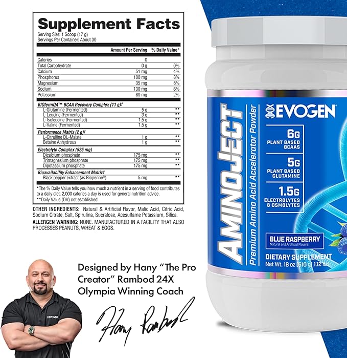 Evogen AminoJect - Premium BCAA Powder &amp EAA Recovery Formula with Electrolytes | Amino Acids Supplement for Muscle Growth Hydration &amp Recovery | Blue Raspberry | 30 Servings