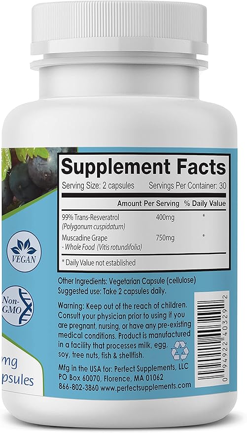 Perfect ResGrape Max 60 vegetable capsules per bottle(Pack of 3) ~ 99% Trans-Resveratrol &amp Muscadine Grape ~ Anti-Aging Supplement &amp Potent Antioxidant