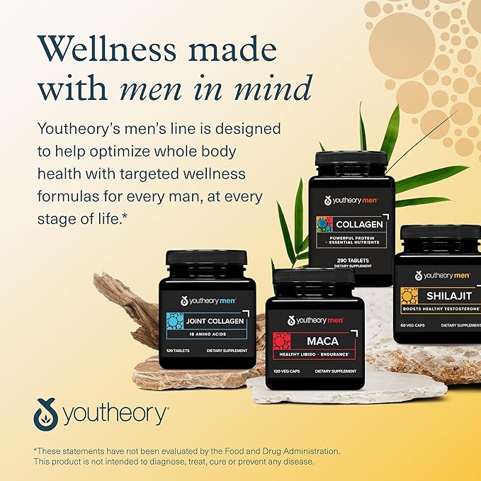 Youtheory Men’s Shilajit - Shilajit Capsules with PrimaVie Extract - Supports Stress Relief Muscle Growth &amp Bone Health - Compatible with Vegan Diet - 60 Capsules (60-Day Supply)
