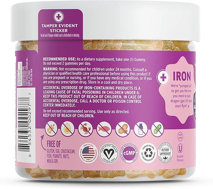 Vitamin Friends - Vegan Multivitamin &amp Iron for Kids - Daily Nutritional Support Gummies w/Ferrous Fumarate B-Complex Vitamin C Zinc Biotin - Body Function &amp Anemia - Strawberry (60 Day Su