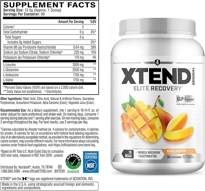 XTEND Original BCAA Powder Mango Madness | Sugar Free Post Workout Muscle Recovery Drink with Amino Acids | 7g BCAAs for Men &amp Women | 90 Servings