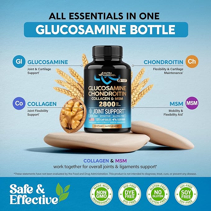 Glucosamine Chondroitin MSM Collagen | HSA | Joint Support Supplement 2800 mg | Made in USA | FSA Approved Product Items | Flexibility Nutritional Vitamins | For Men &amp Women 120 Capsules
