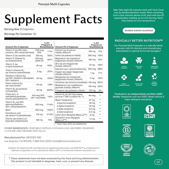 Needed. Prenatal Multivitamin with Citrus Scent Insert - Complete Prenatal Multi for Before During &amp After Pregnancy - 26 Optimal Nutrients Including Choline Vitamin B &amp Folate - 30 Day Su