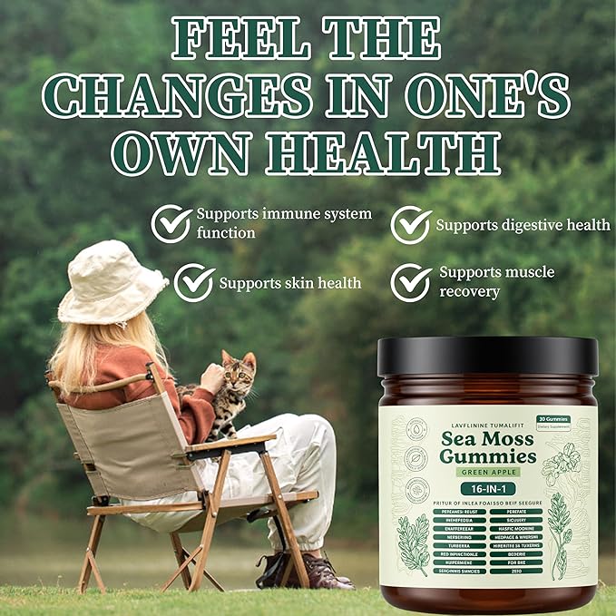 Sea Moss Gummies 16-in-1 Ashwagandha Black Seed Oil Bladder Wrack Turmeric Vitamin C Apple Cider Vinegar Non-GMO (Green Apple)