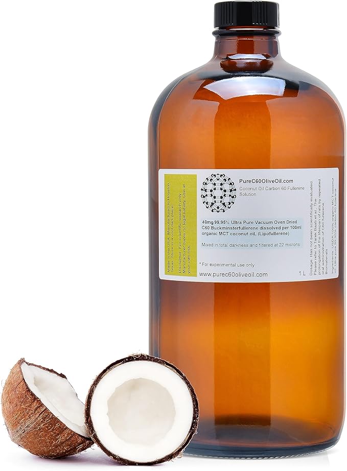 PureC60OliveOil C60 Organic MCT Coconut Oil 1L / 33.8 Fl Oz - 99.95% Carbon 60 Solvent Free 400mg - Amber Glass Bottle - Carbon 60 Coconut Oil - from The Leading Global Producer