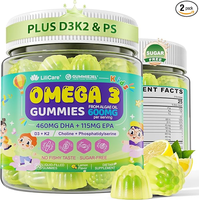 Omega-3 for Kids 4+ Focus DHA Gummies Plus EPA from Algae Vitamin D3 K2 Choline &amp PS for Bone Cognitive &amp Immune Health Zero Sugar Ultra-High DHA Fish Oil Alternative Children Ages 4+ 1