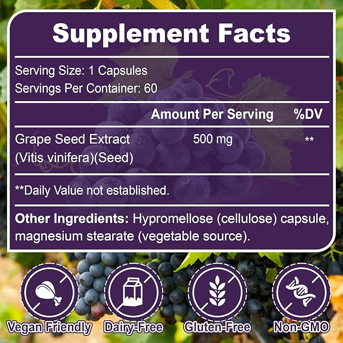 ADENKLIP Grape Seed Extract 500mg Antioxidant Support for Skin Heart &amp Overall Wellness Vegan Non-GMO Gluten-Free 60 Capsules