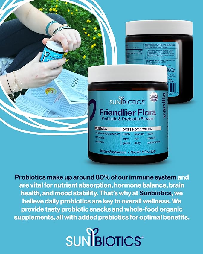 SUNBIOTICS Friendlier Flora - Prebiotic &amp Probiotic Powder for Women &amp Men with 20 Billion CFUs of 4 Probiotic Strains for Good Gut Flora Immune System &amp Balanced Microbiome - Vanilla 2