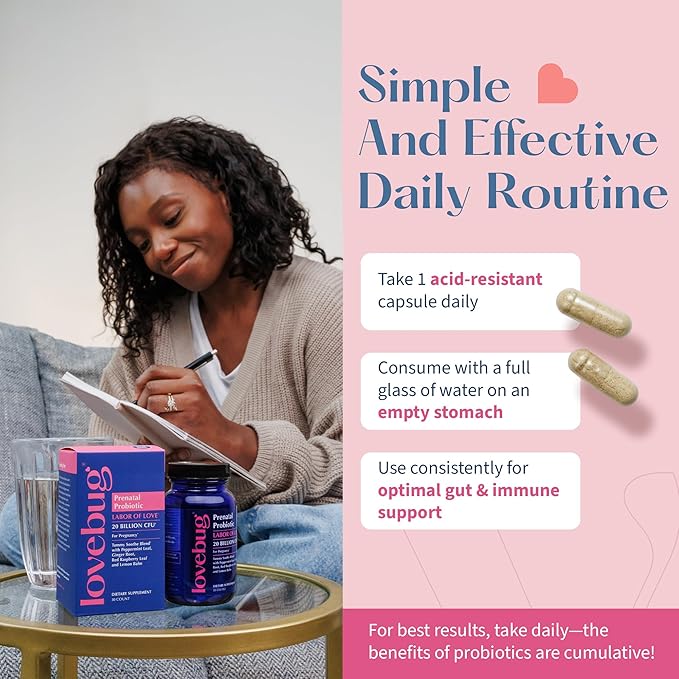 LOVEBUG Prenatal Probiotic Supplement - 7 Probiotics &amp Prenatal Vitamins for Women 20 Billion CFU with Soothing Peppermint Ginger Raspberry Leaf and Lemon Balm. 30 Capsules