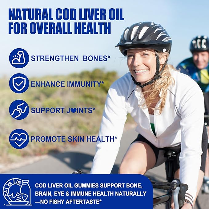 Cod Liver Oil 1000mg Gummies for Adults &amp Kids with Vitamin A &amp D3 - Omega 3 Fish Oil Supplement - DHA 360mg &amp EPA 240mg for Brain Bone Eye &amp Immune Health Sugar Free 120 Count
