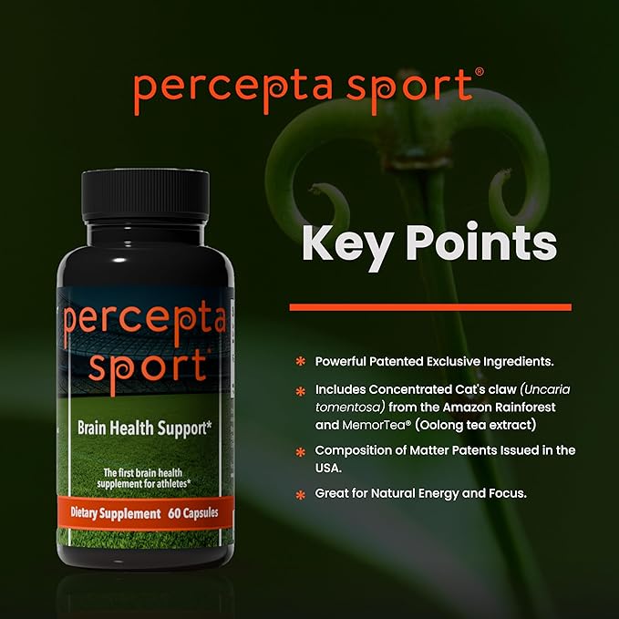 Percepta Sport Brain Supplement for Athletes - Natural Plant-Based Brain Health Supplement - Enhances Performance Focus Concentration and Energy - 30 Day Supply