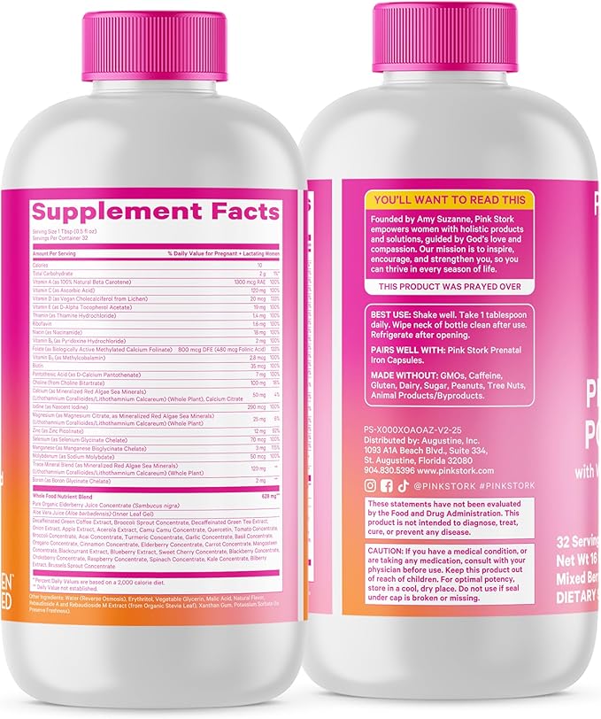 Pink Stork Liquid Prenatal Vitamins for Women - Berry Flavor Organic Food Blend - Fertility Pregnancy Postpartum Essentials - Morning Sickness Support - Breastfeeding &amp Lactation - 32 Servings