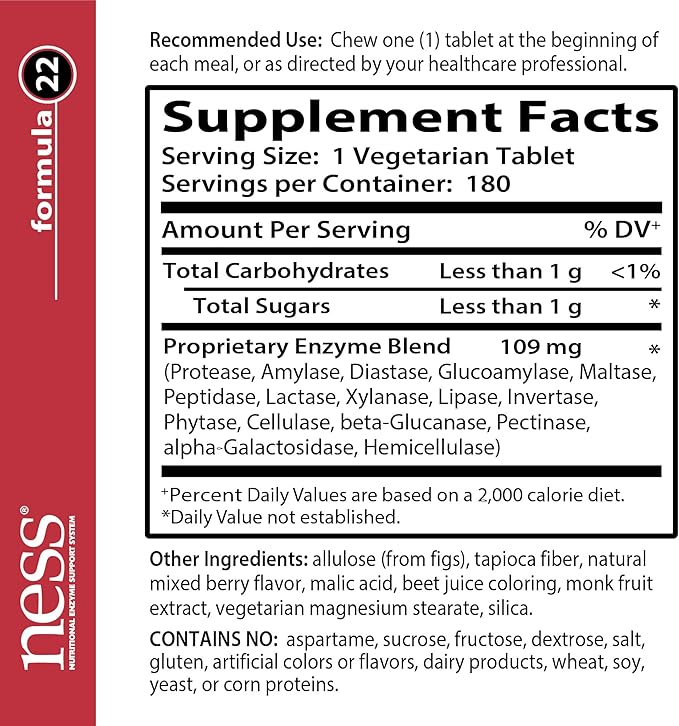 Ness® Digest Chewables | Multi-Enzyme Digestive Supplement | Supports Digestion of Protein Fat Carbohydrates &amp Fiber | Mixed Berry Flavor | 180 Vegetarian Chewable Tablets