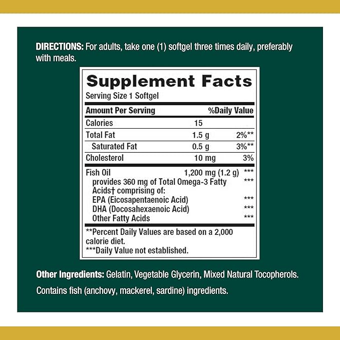 Nature’s Bounty Fish Oil 1200mg 360mg of Omega-3 120 (3 Pack  360 Total) Softgels 120 Softgels