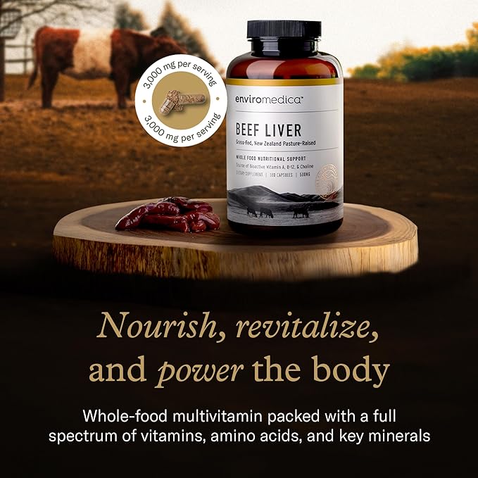 Enviromedica Grass Fed Beef Liver Capsules - Freeze Dried Liver Supplement for Men &amp Women with Preformed Vitamin A Pastured &amp Grassfed New Zealand Bovine Beef Organ Meat180 Pills