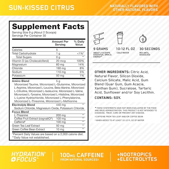 Optimum Nutrition Amino Energy Powder Plus Focus with BCAA Electrolytes and Caffeine Sunkissed Citrus 30 Servings (Packaging May Vary)