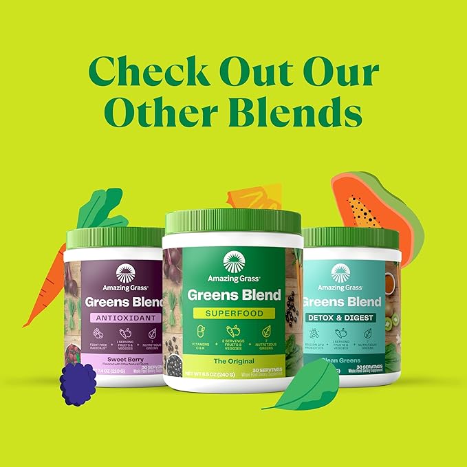 Amazing Grass Greens Blend Mood: Super Greens Powder Smoothie Mix for Mood Relaxation &amp Stress Support with Organic Spirulina Chlorella Beet Root Powder Digestive Enzymes &amp Probiotics 30