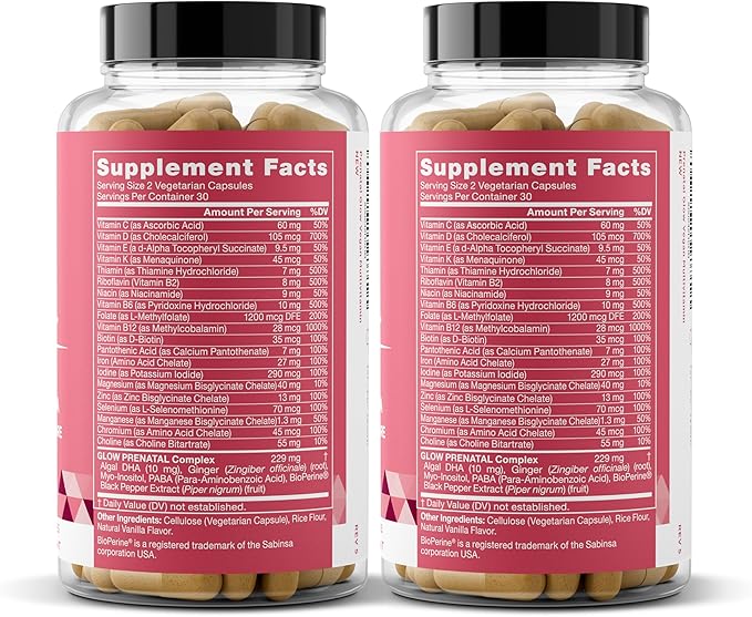 Eu Natural Glow Prenatal Vitamins for Women - 20-in-1 Prenatal Multivitamin with Folate &amp Vegan DHA - Supports Healthy Pregnancy Fetal Development &amp Mom’s Comfort - 120 Vegetarian Capsules