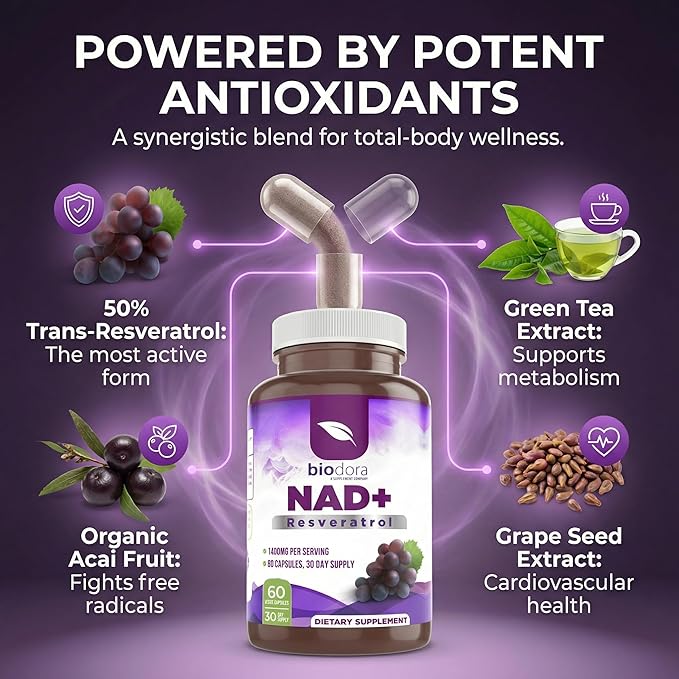 Resveratrol NAD+ 1400mg | Trans-Resveratrol Antioxidant NAD Supplement with NAD | Support Cellular Health Energy &amp Anti Aging (60 Capsules)