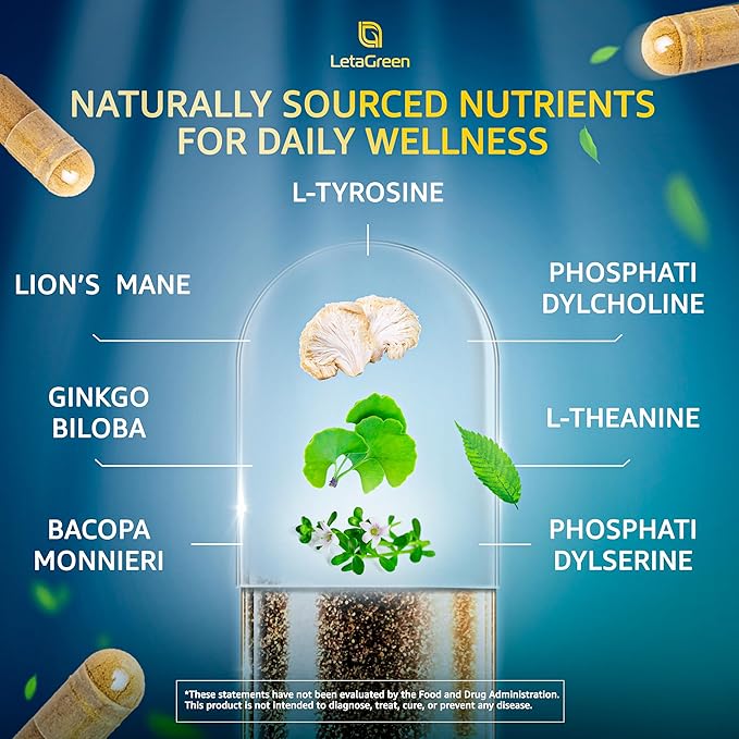 Organic Lions Mane Supplement Capsules - 240 Real Mushrooms Lion's Mane Capsules with Ginkgo Biloba Herb Bacopa Monnieri L Theanine L Tyrosine - Mushroom Complex for Daily Wellness