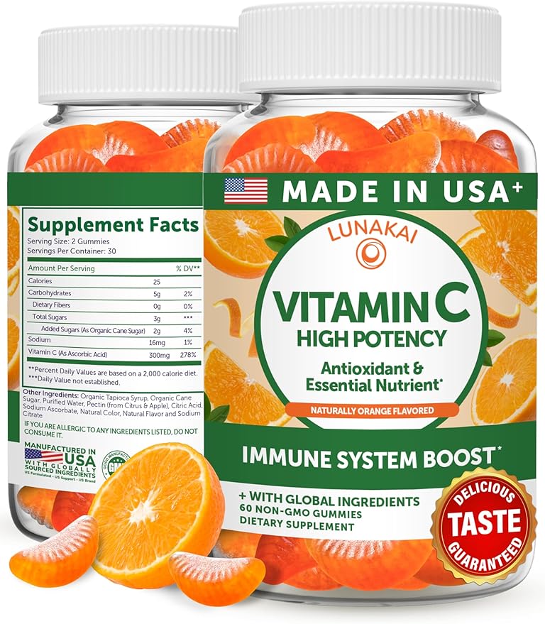 Lunakai USA Made High Potency Vitamin C Gummies for Adults and Kids - 300mg Immune Support - Non-GMO Vegan Delicious Orange Flavor 60ct