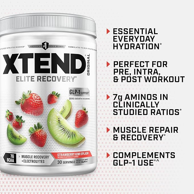 Xtend Original BCAA Powder 7g BCAAs and 2.5g L-Glutamine for Muscle Recovery Hydration and Lean Muscle Sugar Free Intra and Post Workout Drink with Electrolytes Strawberry Kiwi Splash 30 Servings