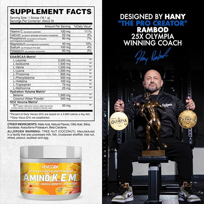 Evogen Amino K.E.M. - EAA &amp BCAA Powder Pump Volumizer | BCAAs Amino Acids Supplement for Blood Flow Muscle Growth &amp Hydration | Peach Mango | 30 Servings