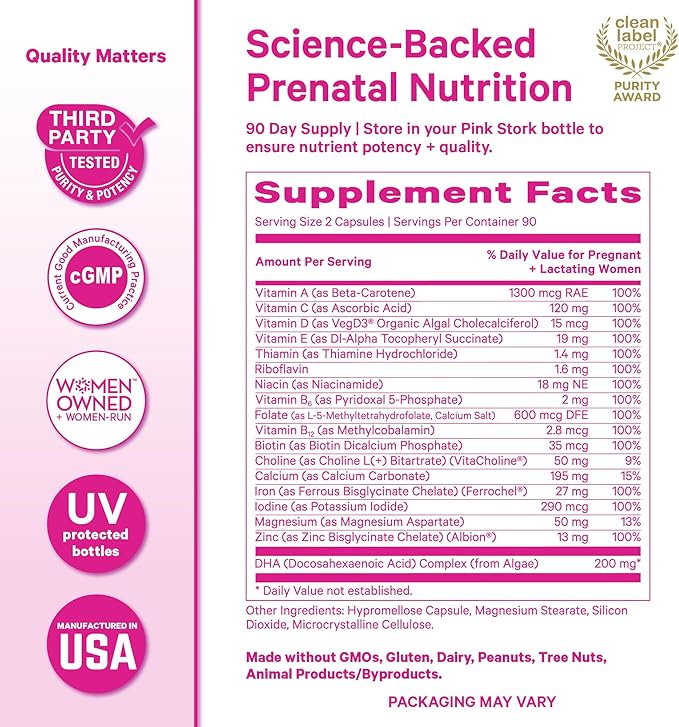Pink Stork Total Prenatal Vitamins with DHA Folate and Iron 3 Month Supply to Help Support Fetal Development Pregnancy Must Haves - 180 Capsules