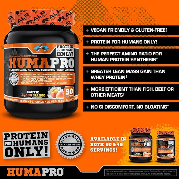 ALR Industries HumaPro Essential Amino Acid Formula | EAA Protein Supplement | Supports Muscle Recovery &amp Performance | Vegan Gluten Free | | 90 Servings (Exotic Peach Mango)