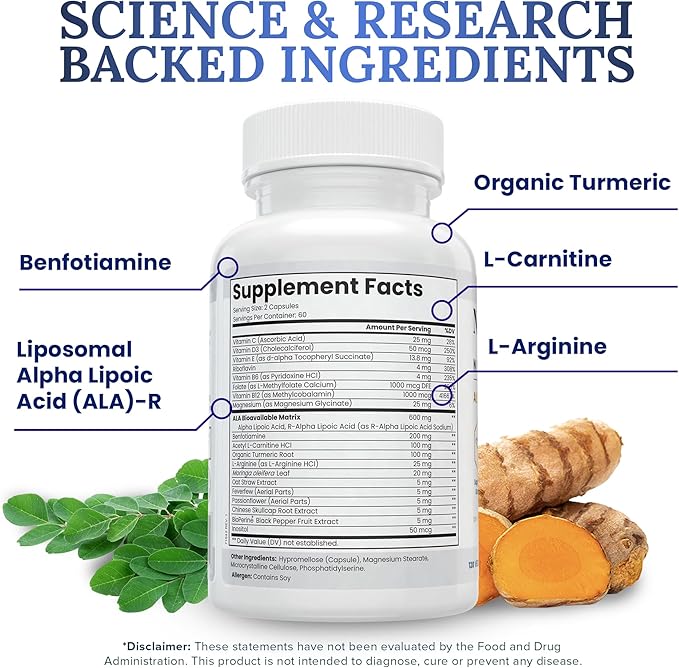 Zen Nutrients NeuraZenX Nerve Support &amp Peripheral Neuropathy Support Supplement with 1200mg Alpha Lipoic Acid (ALA) Benfotiamine L-Carnitine and Turmeric